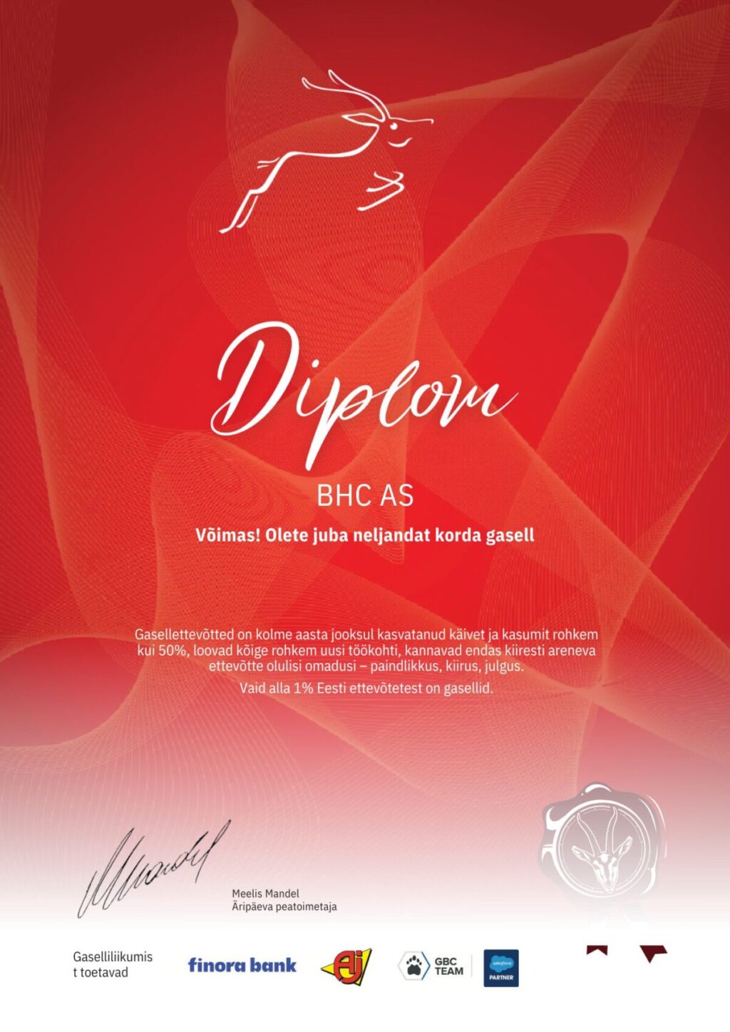 BHC Äripäev Gazelle contest diploma